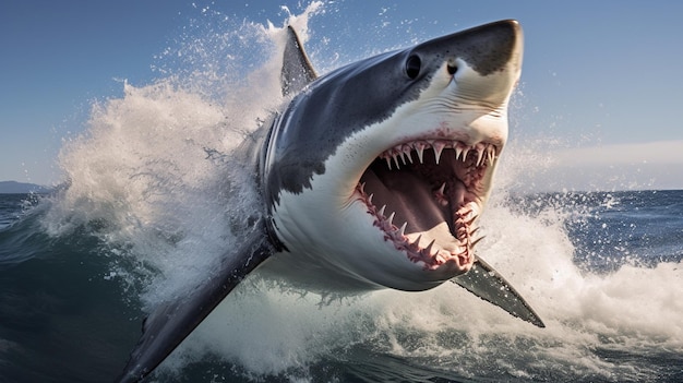 El tiburón visto desde el frente con la boca abierta y los dientes afilados visibles agita el agua del mar