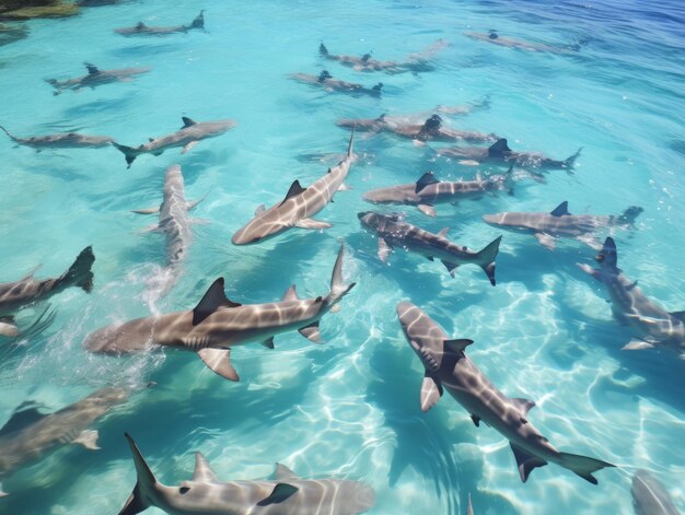 Foto tiburones nadando en aguas cristalinas