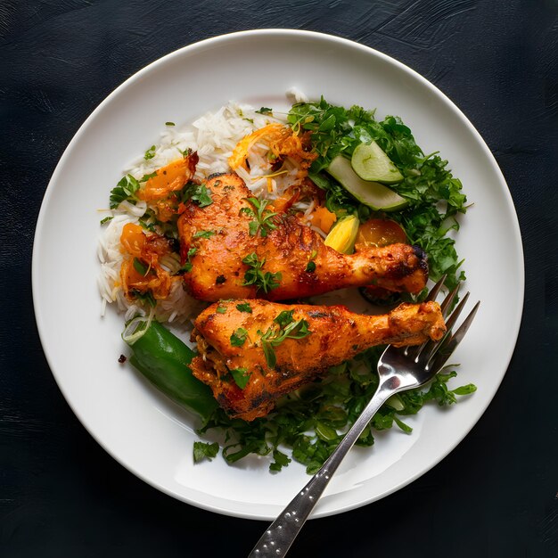 Foto ticka de pollo tentador en un plato blanco prístino para el tamaño de la publicación en las redes sociales