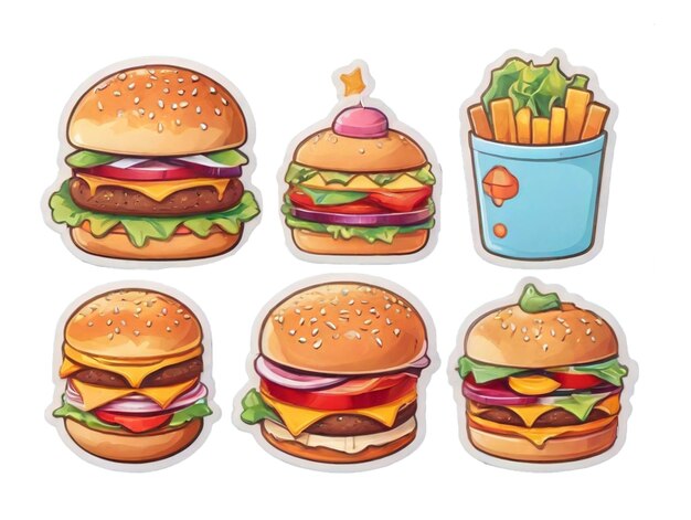 Foto tickers relacionados con la comida de hamburguesa estilo de dibujos animados estilo kawai