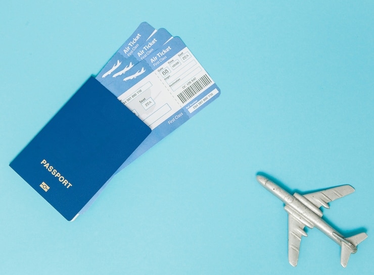 Foto tickets für flugzeug und reisepass