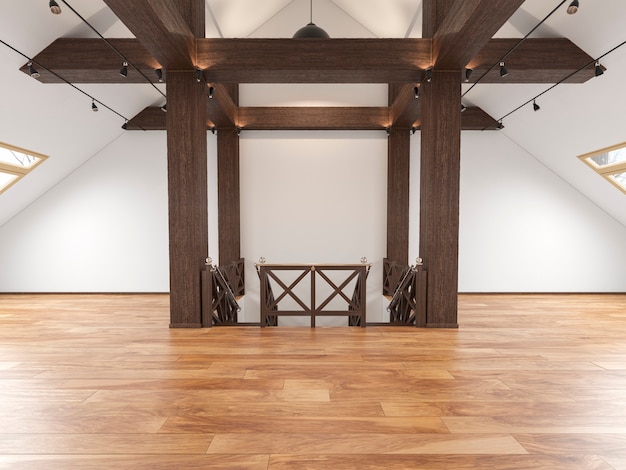 Ático loft interior vacío de espacio abierto con vigas, ventanas, escalera, piso de madera. Ilustración de render 3d simulacro.