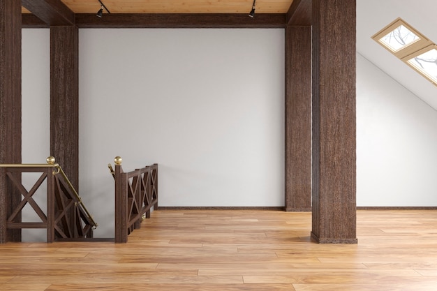 Ático loft interior vacío de espacio abierto con vigas, ventanas, escalera, piso de madera. Ilustración de render 3d simulacro.