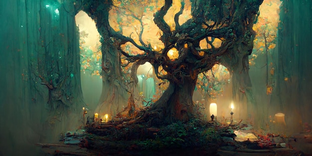 Tief in einem entfernten, versteckten, mysteriösen Wald sitzt ein bezaubernder Feenbaum, der in einer alten Eiche beheimatet ist