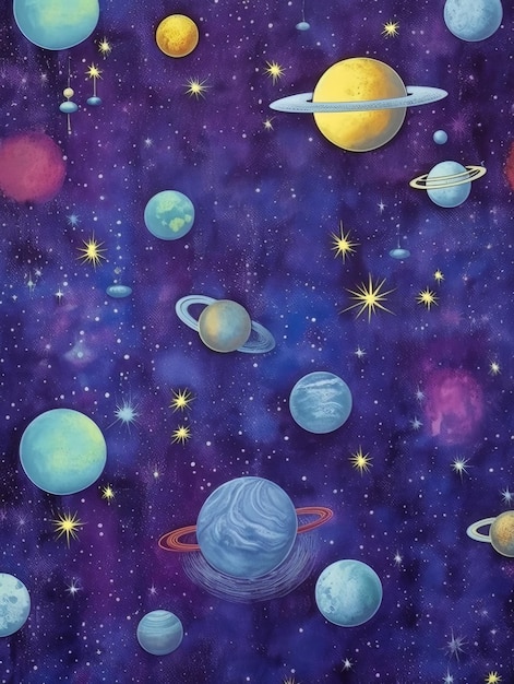 Tief violette und silberne Tapeten mit Planeten und Sternen