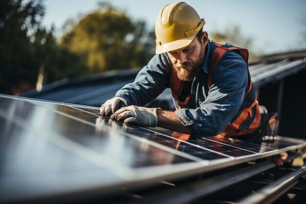 Tiefansicht eines männlichen Arbeiters, der Sonnenkollektoren auf einem Dach installiert