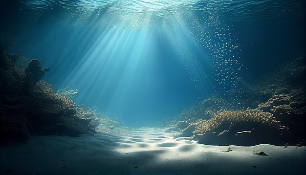 Foto tiefblaues meer im unterwasserhintergrund und schöner sonnenstrahl unter dem meer