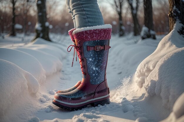 Tiefe Schneestiefel auf dickem Schnee im kalten Winter schöne Schuhe, um sich warm zu halten