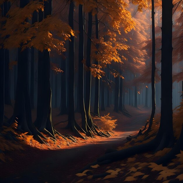 Tiefer, dichter Herbstwald mit vielen Bäumen