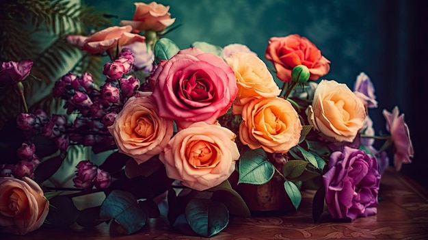 Tiefer und farbenfroher Vintage-Rosenstrauß auf verschwommenem Hintergrund