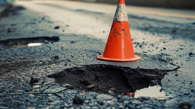 Tiefes Erdloch in einer Straßenstadt und orangefarbener Verkehrskegel. Gefährliches Loch in der Asphaltstraße. Straße mit Rissen. Schlechte Konstruktion. Beschädigte Asphaltstraße stürzt ein und ist eingestürzt