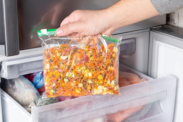 Tiefkühlkost, gefrorener Salat. Lebensmittel in einem Beutel im Gefrierschrank aufbewahren.