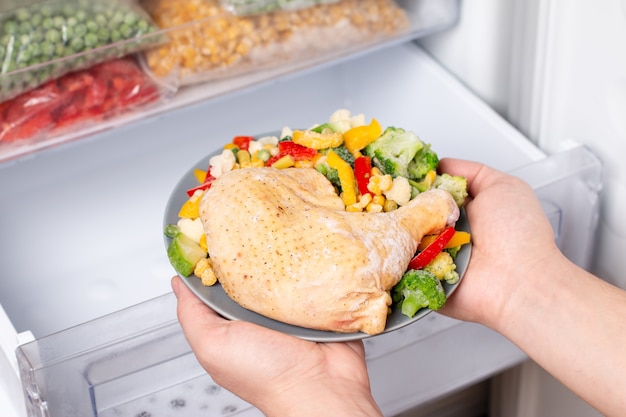 Tiefkühlkost im Gefrierschrank. Gefrorenes Fleisch und Gemüse auf einem Teller. Konzept von Tiefkühlkost, Langzeitlagerungsprodukten.