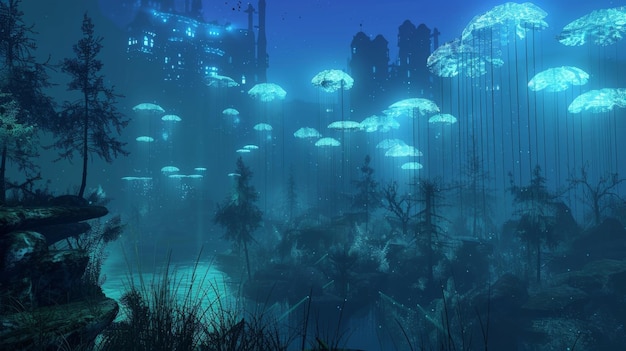 Tiefwasserbiolumineszierende Kreaturen gleiten durch die trüben Tiefen ihre ätherische Schönheit ein