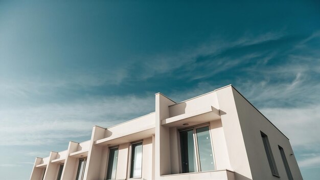 Tiefwinkel-Aufnahme einer Fassade eines weißen modernen Gebäudes unter einem blauen klaren Himmel