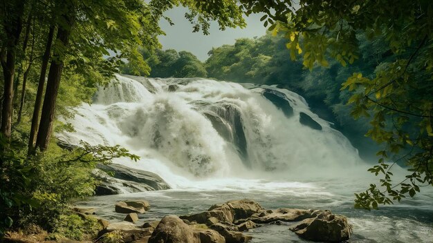 Tiefwinkel-Aufnahme eines felsigen Wasserfalls mit grünen Bäumen im Hintergrund
