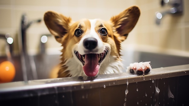 Foto tiempo de baño bliss cute corgi bañándose en el baño en casa