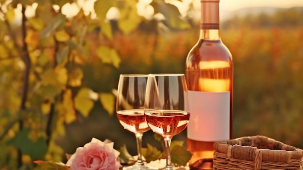 Tiempo de cosecha Dos copas y una botella de vino de rosas en el viñedo de otoño IA generativa