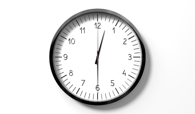 Tiempo a las doce y media clásica reloj analógico en fondo blanco ilustración 3D