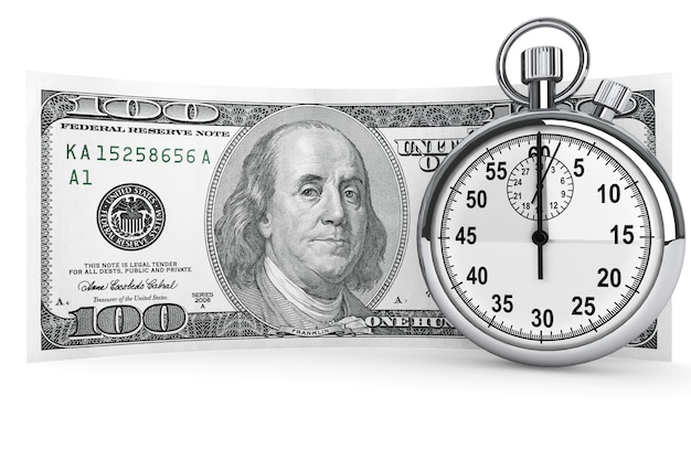 El tiempo es concepto de dinero. Cien dólares y cronómetro sobre un fondo blanco.