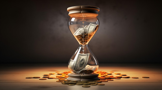 El tiempo es dinero Reloj de arena y dólares estadounidenses.