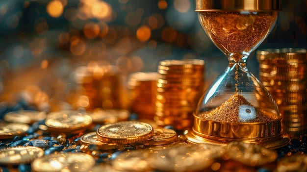El tiempo es dinero reloj de arena y monedas de oro en la mesa