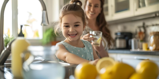 Foto tiempo de familia alegre en la cocina niño sonriente con vaso de agua atmósfera hogareña estilo de vida imagen ia