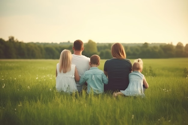 Tiempo feliz en familia Vista trasera familia joven con niños AI