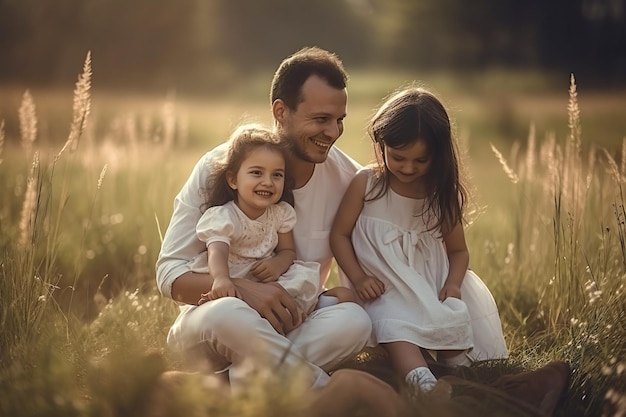 Tiempo feliz en familia Vista trasera de una familia joven con niños juntos en un parque al aire libre Sentado en medio de un hermoso campo verde Generar Ai