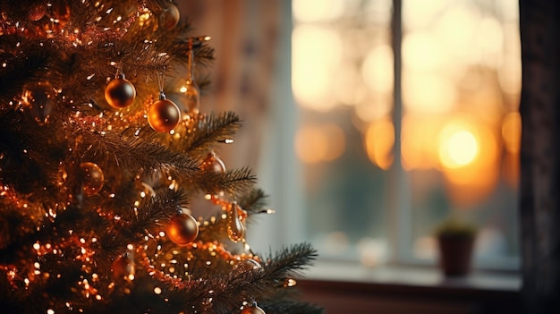 Tiempo de fondo del árbol de Navidad decorado Feliz Navidad y Feliz Año Nuevo