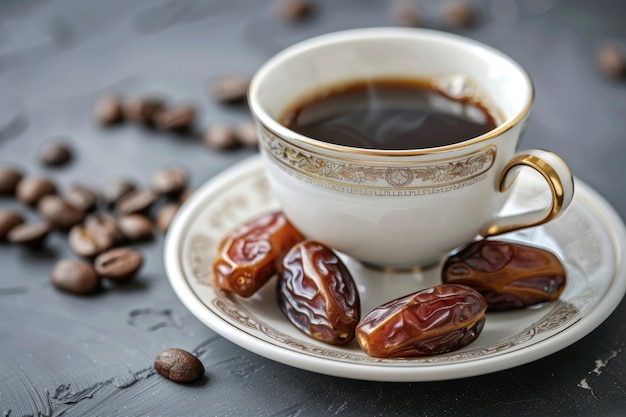 Foto tiempo de iftar con café y dátiles en la tradición islámica del ramadán