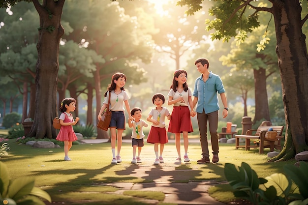 El tiempo libre de una familia feliz en el parque forestal al aire libre.