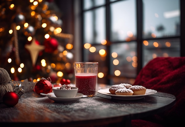 Tiempo de Navidad Sirvió mesa de café en una cafetería o restaurante con bebida caliente y galletas contra el abeto guirnalda festiva luces bokeh decoraciones de Año Nuevo cómodos apartamentos habitación de hotel