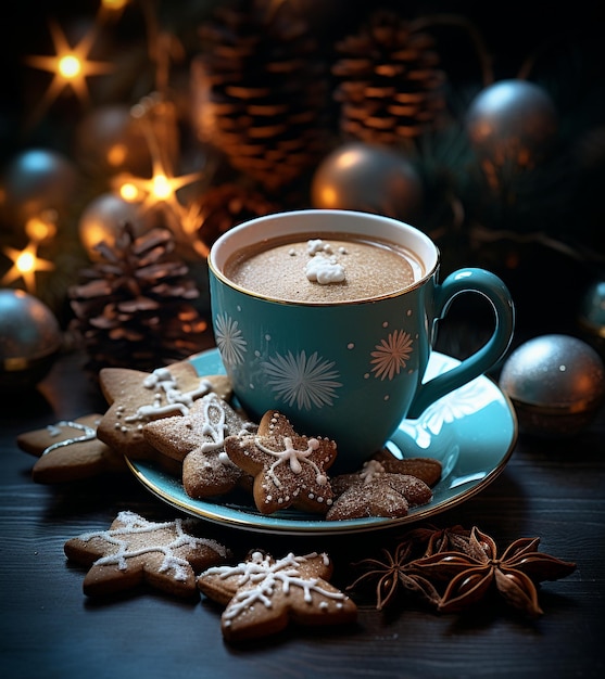 tiempo de navidad una taza de café con galletas de jengibre y decoraciones en la mesa de madera