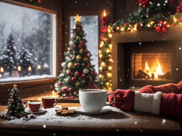 Tiempo de Navidad y taza en la mesa