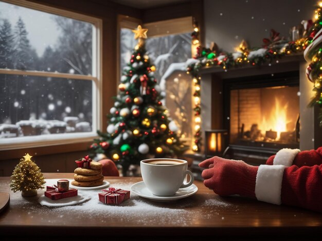 Tiempo de Navidad y taza en la mesa