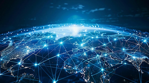 Tiempo nocturno global Planeta Tierra Ciberespacio Conectividad con red digital y mapa geográfico