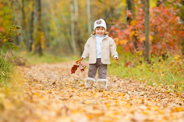 Tiempo de otoño, bebé feliz, la niña camina por el camino con un ramo de hojas de otoño, se ríe y juega en el otoño en la naturaleza, caminando al aire libre.