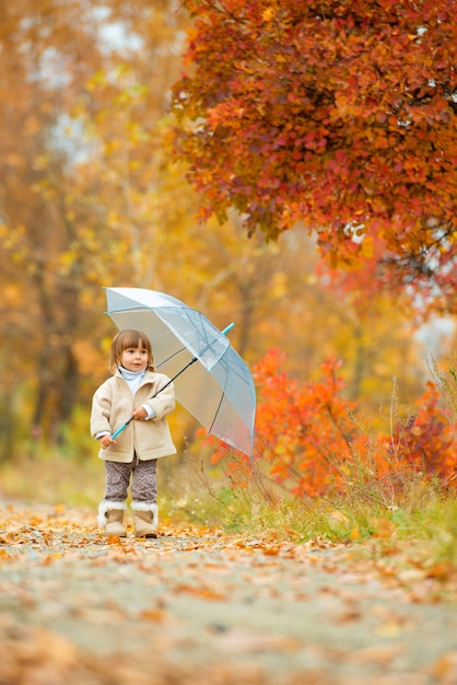 Tiempo de otoño, niña feliz está caminando por el camino con un paraguas en el otoño en la naturaleza, caminando al aire libre.