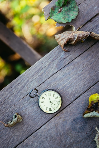 El tiempo pasa por el reloj vintage al aire libre de madera y hojas.