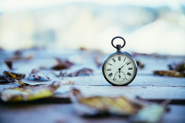 El tiempo pasa por el reloj vintage al aire libre de madera y hojas.