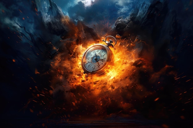 Tiempo perdido Un reloj envuelto en llamas contra un fondo oscuro