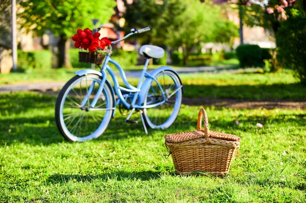 tiempo de pícnic. Paseo en bicicleta por la naturaleza. Bicicleta retro con cesta de picnic. Las tiendas de alquiler de bicicletas atienden principalmente a viajeros y turistas. Fondo de jardín de bicicletas vintage. Alquile una bicicleta para explorar la ciudad.