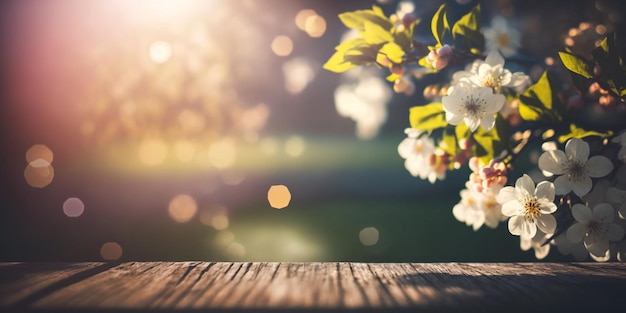 El tiempo de primavera florece en la mesa de madera en el jardín en la montaña con luces Bokeh y efecto de bengala