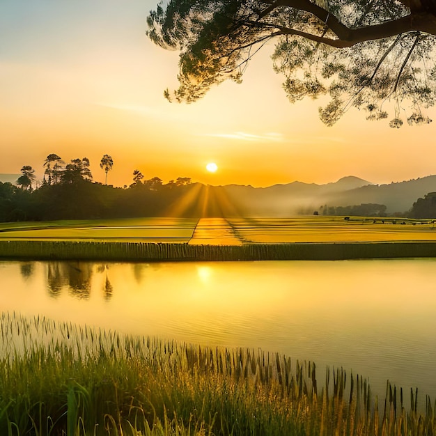 Un tiempo de puesta de sol de campo dorado