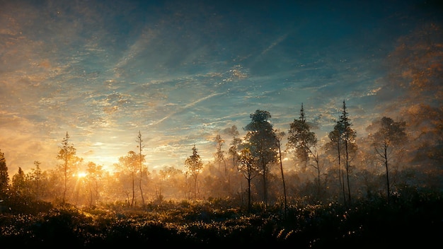 Tiempo de salida del sol de la naturaleza del paisaje del campo del bosque