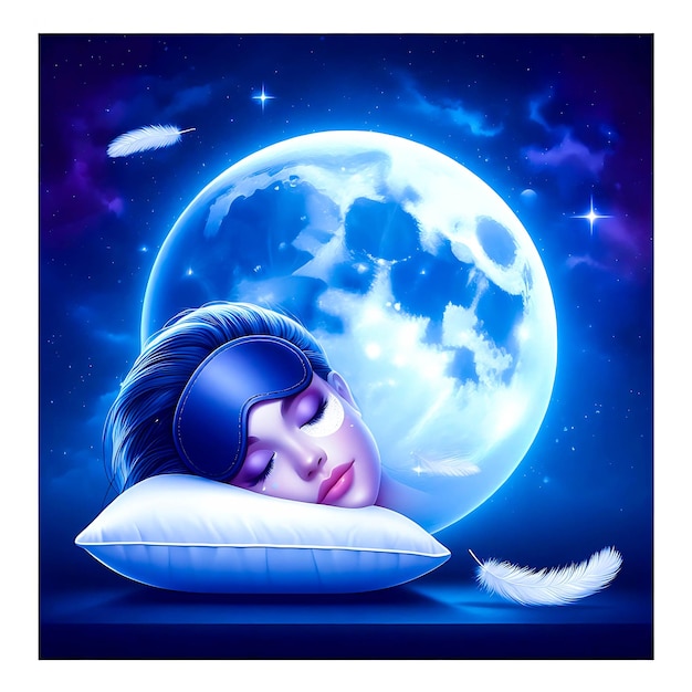 Foto tiempo de sueño en la noche de luna póster realista con almohada de plumas y parche para los ojos para dormir en el cielo estrellado