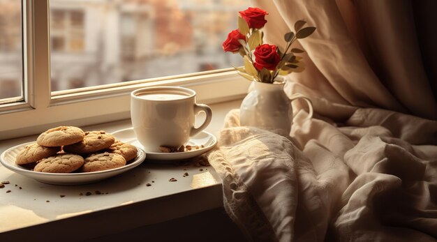 Tiempo de té acogedor Dos tazas de té y galletas en una mesa de madera con flores