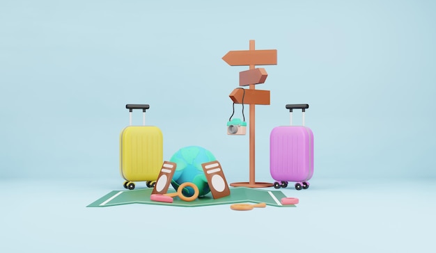 Tiempo para viajar concepto en estilo de dibujos animados 3D con maleta y accesorio de viaje renderización 3D