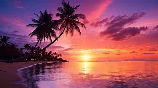 El tiempo de viaje y vacaciones se ve realzado por una serena escena de playa tropical con un cielo rosa de palmeras y una hermosa puesta de sol